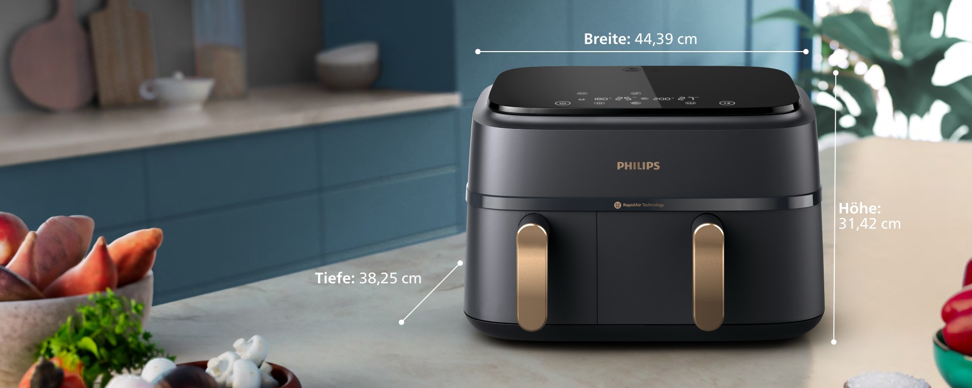 Philips mit zwei K&ouml;rben steht auf der Arbeitsfl&auml;che, Abmessungen sind wie folgt beschrieben: Breite: 38,25&nbsp;cm, Tiefe: 31,42&nbsp;cm, H&ouml;he: 44,39&nbsp;cm