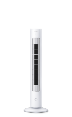 Ein gro&szlig;er, wei&szlig;er Philips Tower-Ventilator 5000 Series mit einer Aromatherapie-Taste auf der Vorderseite.