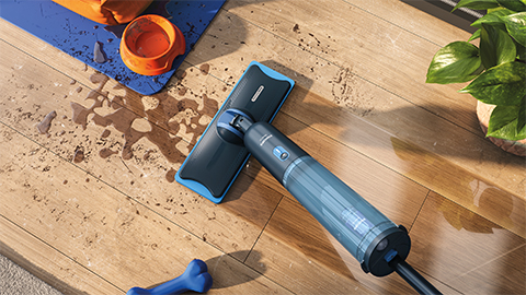 Der Philips OneUp elektrische Wischmopp reinigt einen Holzboden